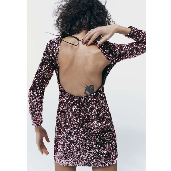 Size Small | Zara NWT Pink Sequin Long Sleeve Dress - Picture 9 of 16